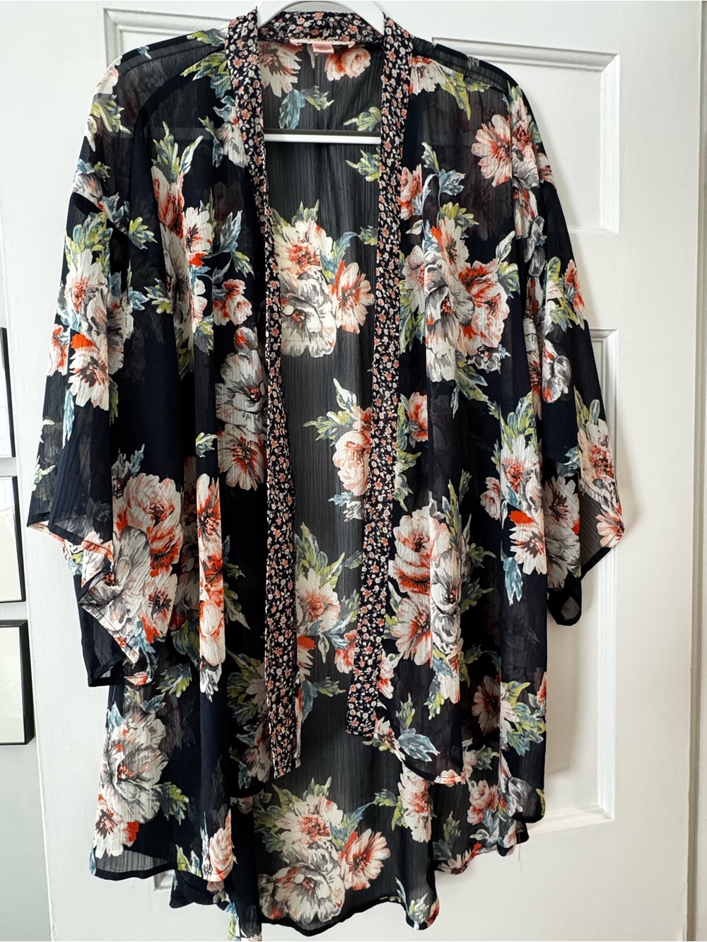 Floral Sheer Kimono Robe - Black with Coral & Cream Flowers